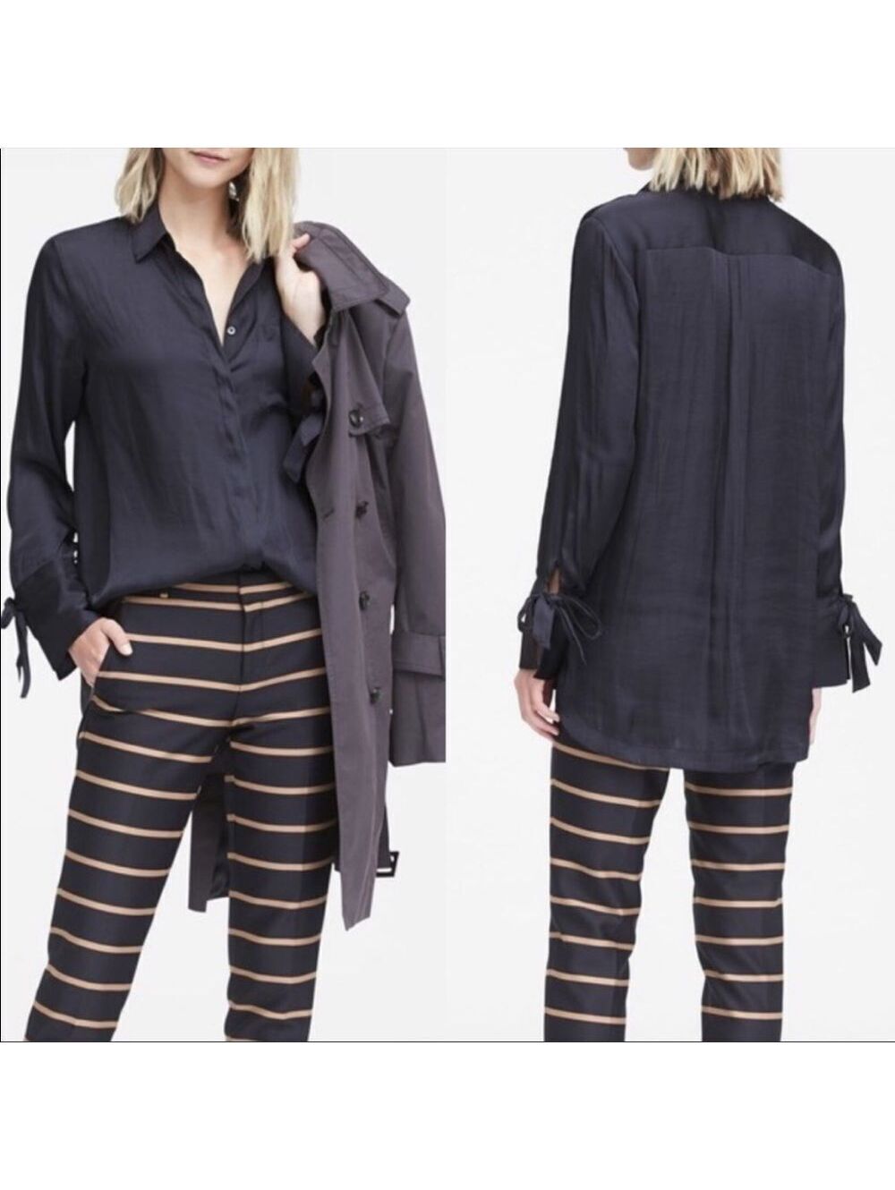 Banana Republic Parker Top L Navy Tie Cuff Tunic Button Down Silky Blouse Drapey